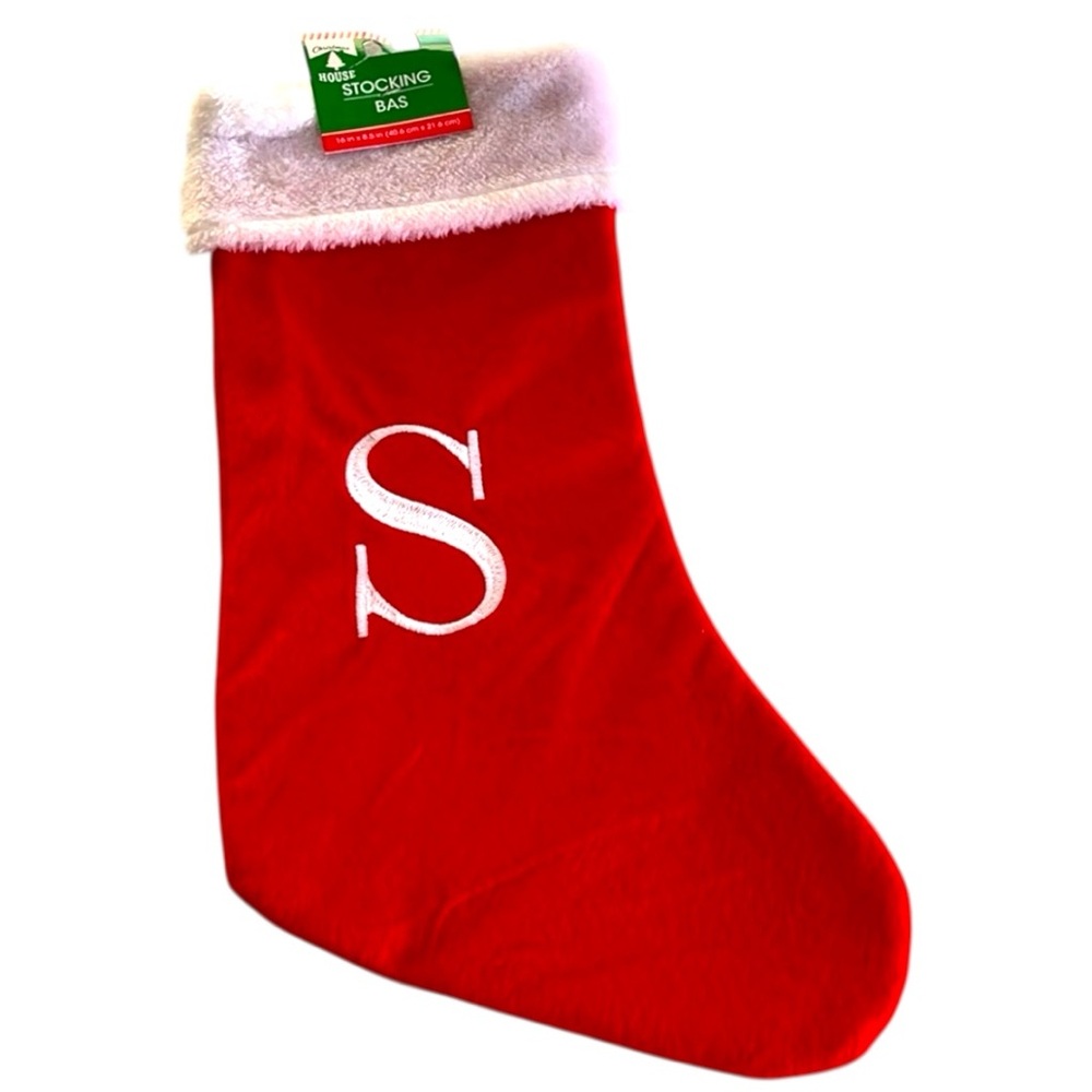 Christmas House Stocking With "S" Letter Embroidery Red& White Soft Cuff 16x8.5”